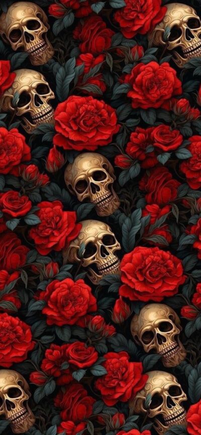 Skulls with red roses on a dark background, blending life and death in a gothic aesthetic. | 4K Wallpaper for Mobile