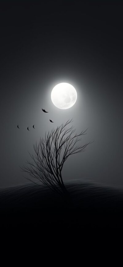 'Serene night scene with full moon, barren tree silhouette, and birds in flight. | 4K Wallpaper for Mobile'