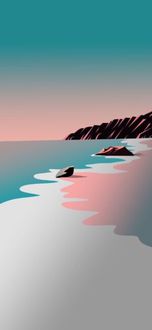 Minimalist coastal scene with pastel waves and rock formations in pink, blue, black, white tones | 4K Wallpaper for Mobile