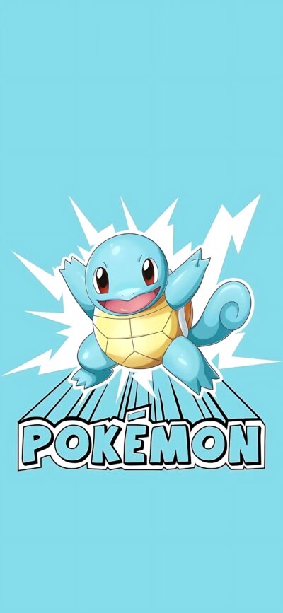 Squirtle's playful pose above the Pokémon logo set against a dynamic blue and yellow background | 4K Wallpaper for Mobile