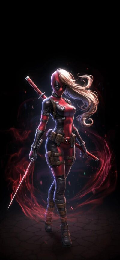 Female Deadpool art in red/black costume with sword, dynamic action pose on dark background | 4K Wallpaper for Mobile