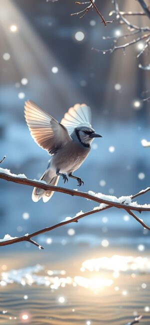 Bird on a snow-covered branch with falling snowflakes and light rays | Blue, White, Brown | 4K Wallpaper for Mobile