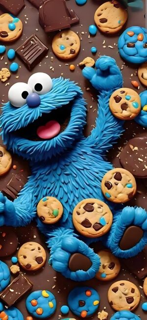 Cookie Monster joyfully surrounded by cookies & chocolate in a vibrant design | 4K Wallpaper for Mobile | Blue, Brown, Beige