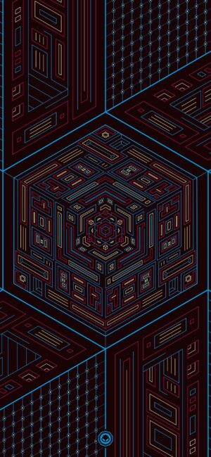 Intricate geometric pattern with 3D cubes in a cyberpunk style. Dark and vibrant lines in black, blue, and red | 4K Wallpaper for Mobile