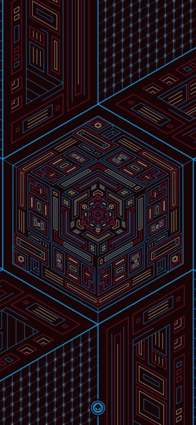 Intricate geometric pattern with 3D cubes in a cyberpunk style. Dark and vibrant lines in black, blue, and red | 4K Wallpaper for Mobile