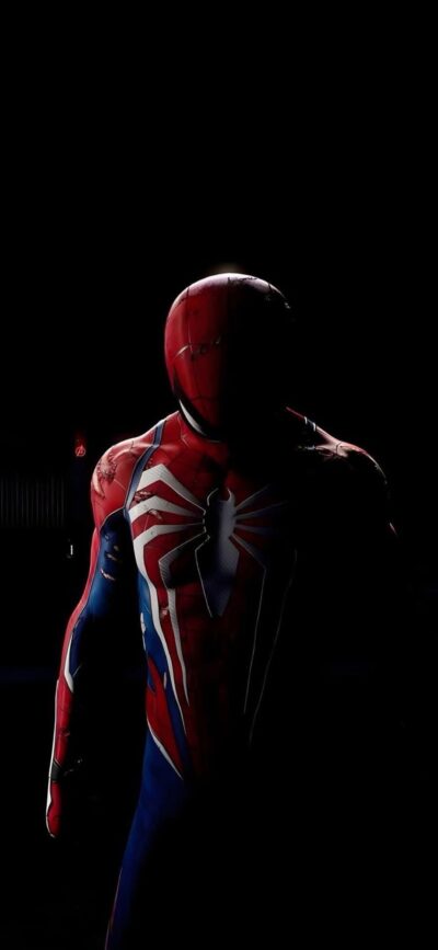 Spider-Man in iconic red and blue costume on a dark background | 4K Wallpaper for Mobile | Red, Blue, Dark | Marvel, Superhero