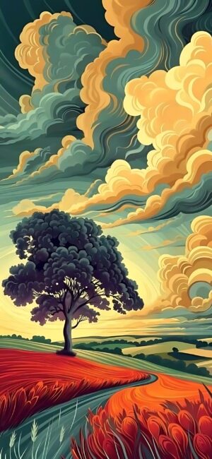 Surreal landscape with a solitary tree against colorful fields and dramatic clouds in orange, yellow, teal | 4K Wallpaper for Mobile