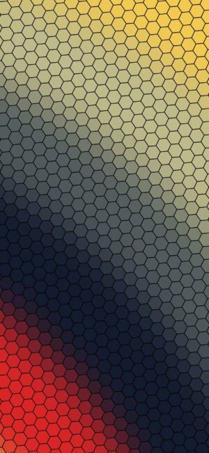 Hexagonal pattern with gradient from red to black, gray & yellow for a structured abstract look | 4K Wallpaper for Mobile