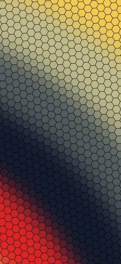 Hexagonal pattern with gradient from red to black, gray & yellow for a structured abstract look | 4K Wallpaper for Mobile