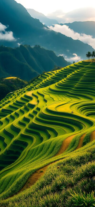 Lush green terraced fields with rolling hills and mountains in the sun's glow, creating a serene landscape | 4K Wallpaper for Mobile