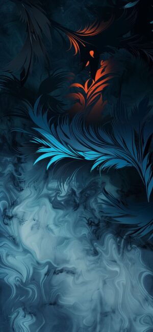 Abstract swirling patterns with leaf-like shapes in vibrant blue and orange on a dark background | 4K Wallpaper for Mobile