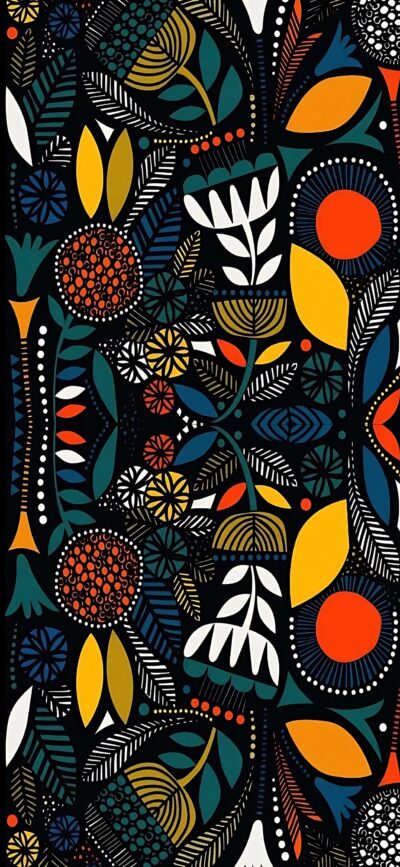 Vibrant abstract pattern with geometric shapes, floral elements in bold colors: black, blue, yellow, orange, green | 4K Wallpaper, for Mobile