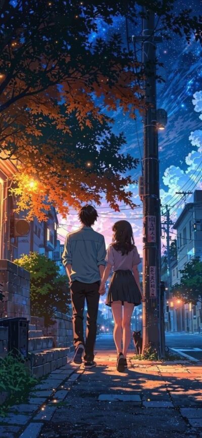 Anime couple walking on a vibrant, dreamlike street with swirling clouds. Blue, orange, purple hues | 4K Wallpaper for Mobile