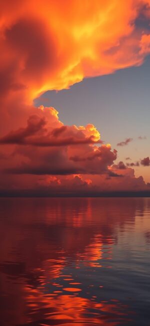 Alt tag: 'Stunning sunset over calm ocean with vibrant orange, red, reflecting clouds | 4K Wallpaper for Mobile.'