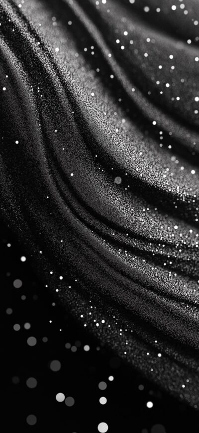 Abstract black and gray waves with white speckles creating a cosmic effect | 4K Wallpaper for Mobile