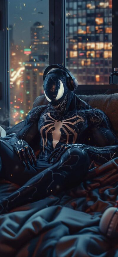 Venom with headphones in a city view setting, featuring black, blue, and orange tones | 4K Wallpaper for Mobile