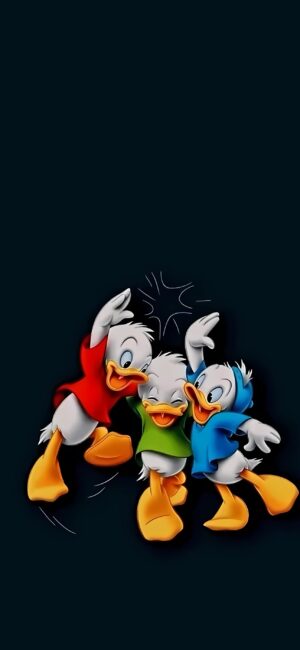 Huey, Dewey, and Louie in red, green, and blue outfits against a dark background | 4K Wallpaper for Mobile