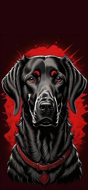 Black Labrador with glossy fur on a bold red backdrop, featuring a red collar | 4K Wallpaper for Mobile