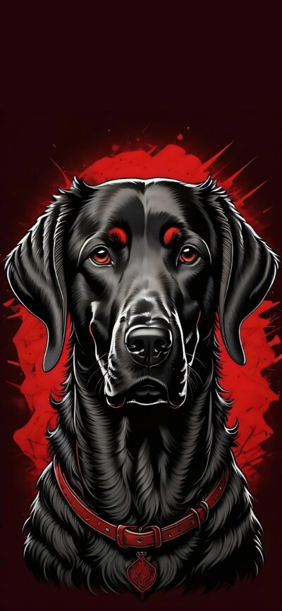 Black Labrador with glossy fur on a bold red backdrop, featuring a red collar | 4K Wallpaper for Mobile