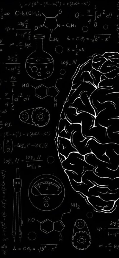 Abstract brain design with scientific elements, chemical formulas, and math equations on black and white | 4K Wallpaper for Mobile