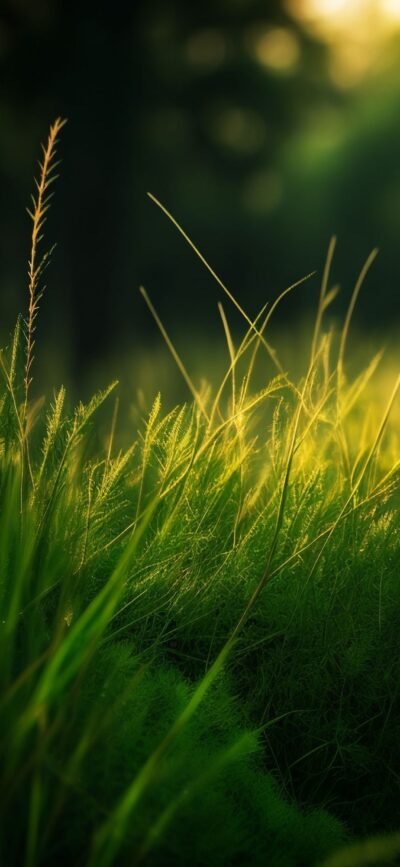 Peaceful nature scene with tall green grass in warm sunlight, highlighting blades for a serene feel | 4K Wallpaper for Mobile