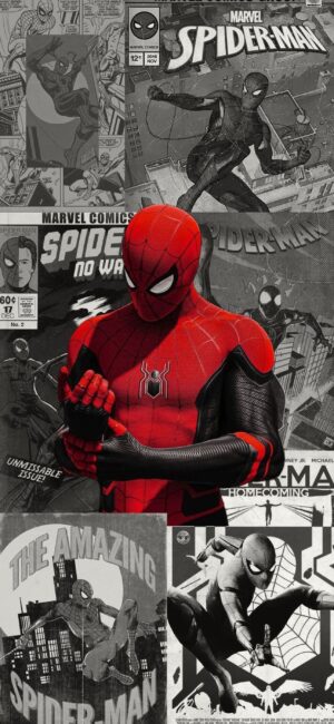 Spider-Man in iconic suit against classic comic covers, showcasing different styles & eras | Red, Black, Gray, White | 4K Wallpaper for Mobile