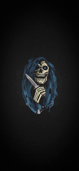 Skeleton with Knife in Hooded Cloak, Gothic Design | 4K Wallpaper for Mobile | Black & Blue Theme | Halloween & Skull Inspire