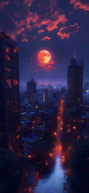 Cityscape at night with a glowing full moon, red-tinged clouds, silhouetted buildings, and a warm urban glow | 4K Wallpaper for Mobile