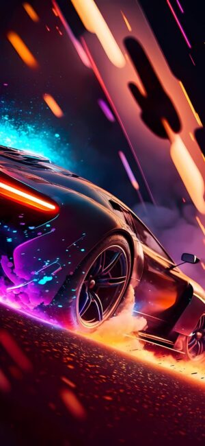 Sleek sports car in a neon-lit futuristic cityscape, showcasing vibrant blues, purples, and oranges. | 4K Wallpaper for Mobile