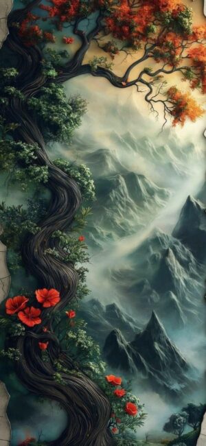 Fantastical landscape with a twisted tree and vibrant red flowers against misty mountains | 4K Wallpaper for Mobile