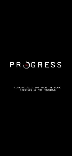 "PROGRESS" with 75% graphic in "O" & quote on black. Minimalist, motivational design. | 4K Wallpaper for Mobile