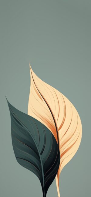 Abstract leaf design with a minimalistic backdrop in green, yellow, and gray tones | 4K Wallpaper for Mobile