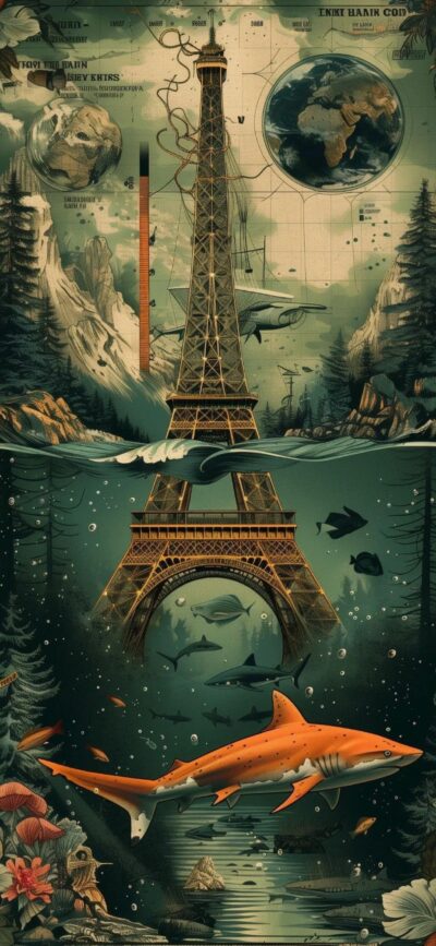 Surreal Eiffel Tower underwater scene with marine life and a map of mountains and forests. Primary colors: green, orange, blue. | 4K Wallpaper for Mobile