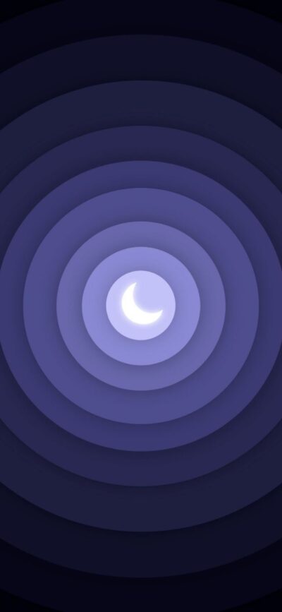 Crescent moon with blue to purple gradient concentric circles for a serene abstract night sky effect | 4K Wallpaper, for Mobile