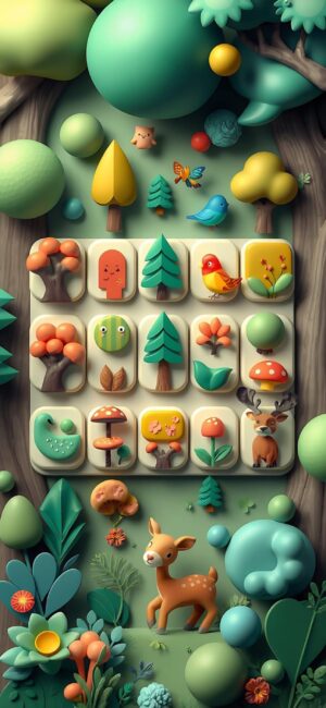 Whimsical forest scene with cartoon animals and flora in vibrant colors | Green, Yellow, Orange, Brown, Blue | 4K Wallpaper for Mobile