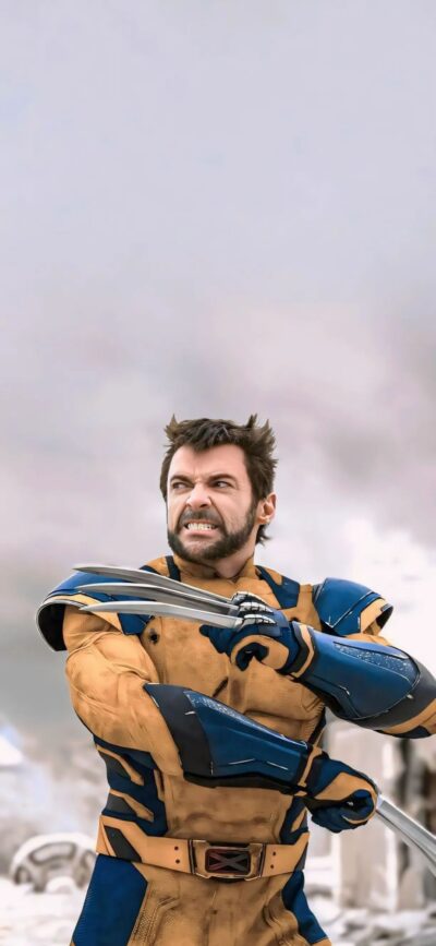 Superhero with retractable claws in blue and yellow armored suit against cloudy sky | Strength & heroism | 4K Wallpaper for Mobile