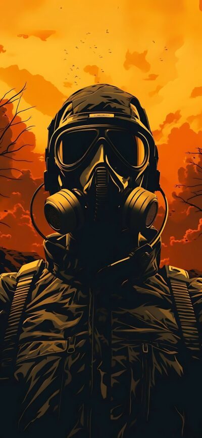 Dark figure in gas mask and tactical gear against orange sky with silhouetted trees | Dystopian Theme | 4K Wallpaper for Mobile