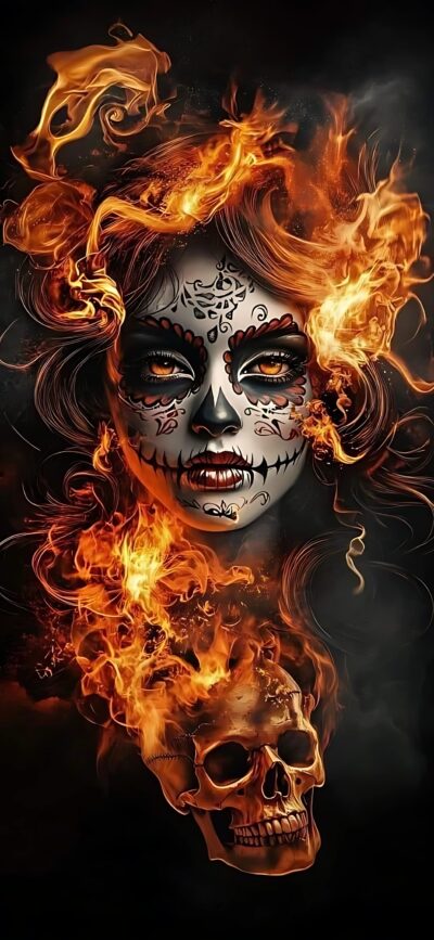 Fiery stylized face with sugar skull makeup, surrounded by flames. Vibrant orange and black hues | 4K Wallpaper for Mobile