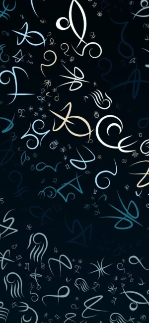 Abstract zodiac symbols on a dark background, featuring blue, black, and white colors for a mystical look | 4K Wallpaper for Mobile