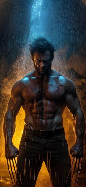 Wolverine showcasing his muscles and claws in a rain-drenched setting, highlighted under light. | 4K Wallpaper for Mobile