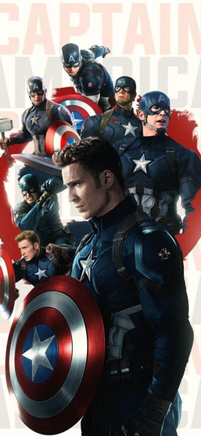 Multiple Captain America iterations with iconic shield, showcasing heroism; "Captain America" text | 4K Wallpaper for Mobile