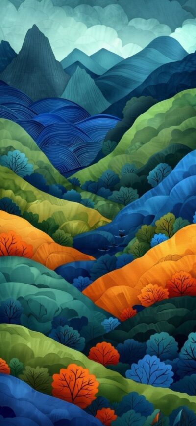 Abstract landscape with colorful hills, artistic trees, and mountains. Rich hues of blue, green, orange, yellow. | 4K Wallpaper for Mobile