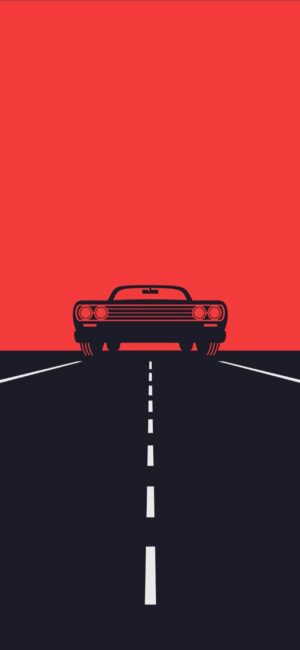 Classic car silhouette on bold red background, minimal design | 4K Wallpaper for Mobile | Red, Black | Car, Minimalism, Abstract, Road