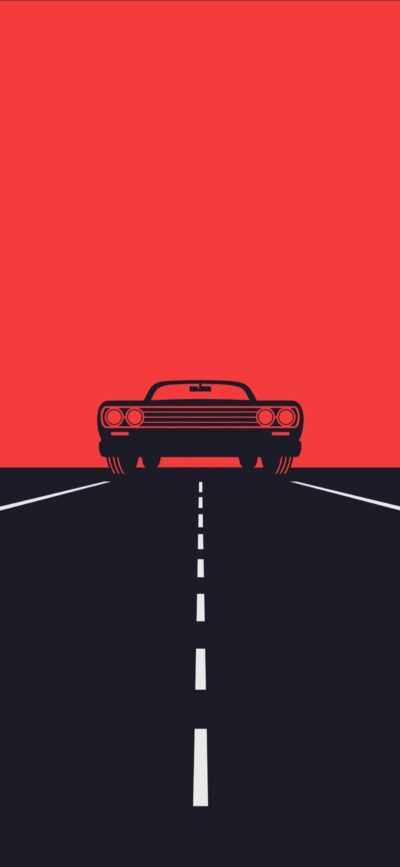 Classic car silhouette on bold red background, minimal design | 4K Wallpaper for Mobile | Red, Black | Car, Minimalism, Abstract, Road