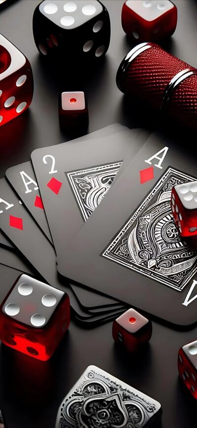 Ace of Diamonds Poker Scene with Dice | Dynamic Reds & Blacks on Dark Background | Strategy & Chance Vibes | 4K Wallpaper for Mobile