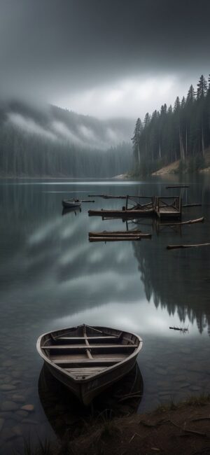 Serene lake scene with wooden boat, reflecting forest and misty sky, logs, and more boats | 4K Wallpaper, for Mobile