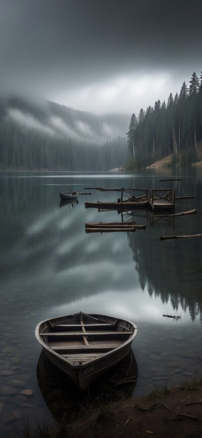 Serene lake scene with wooden boat, reflecting forest and misty sky, logs, and more boats | 4K Wallpaper, for Mobile