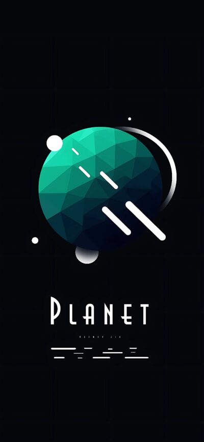 Geometric planet design with angular shapes and "Planet" text; in black, teal, and white | 4K Wallpaper for Mobile