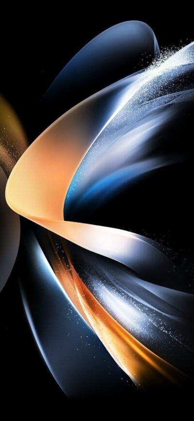 Abstract ribbons in orange, blue, silver on dark background | Dynamic & fluid | 4K Wallpaper for Mobile