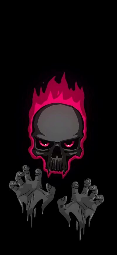 Skull with glowing red eyes and pink flame, skeletal hands reaching out, horror and gothic design | 4K Wallpaper for Mobile